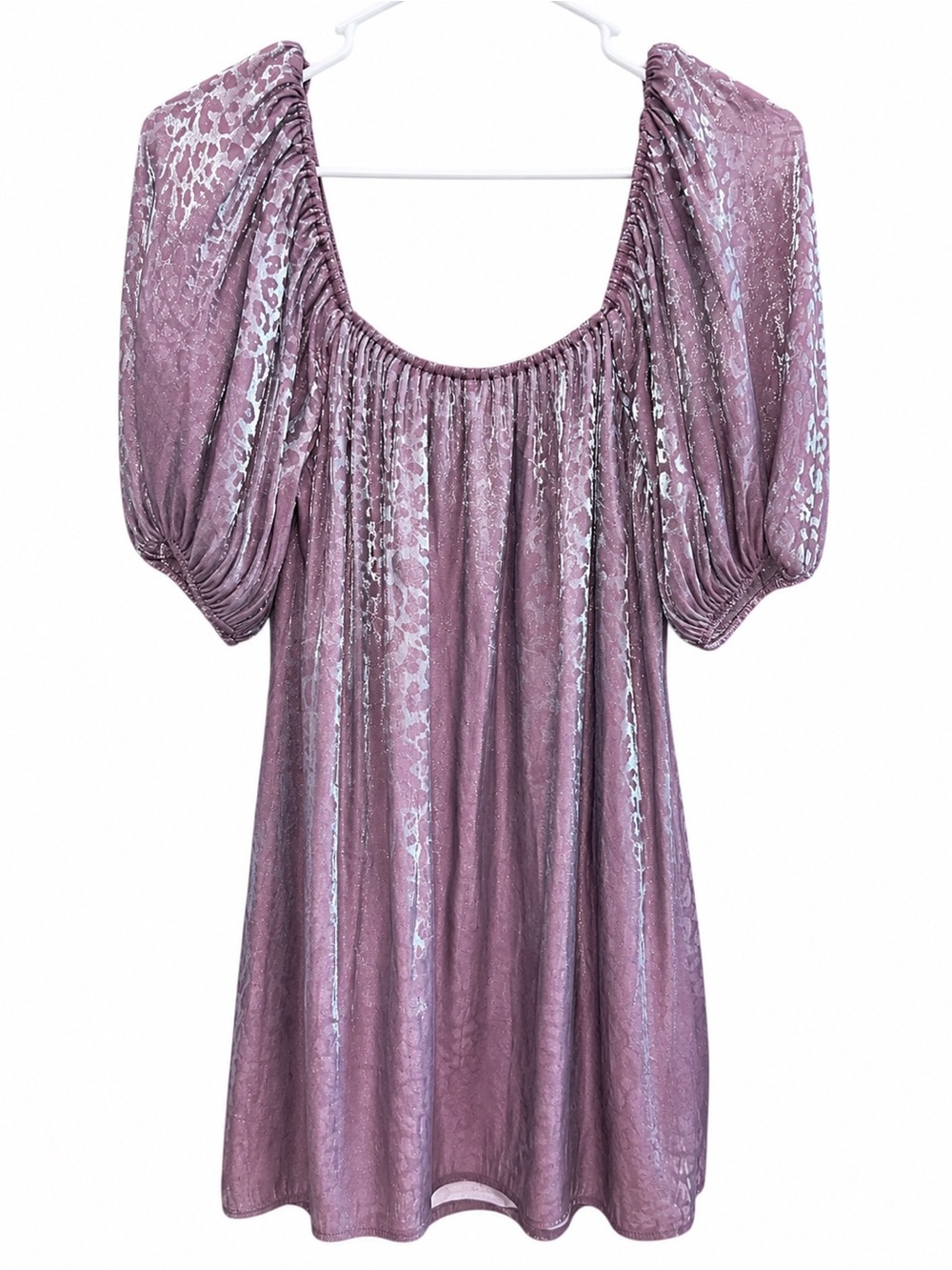 Show Me Your Mumu Metallic Shimmer Mini Dress Mauve Puff Sleeve Size S - Picture 3 of 4